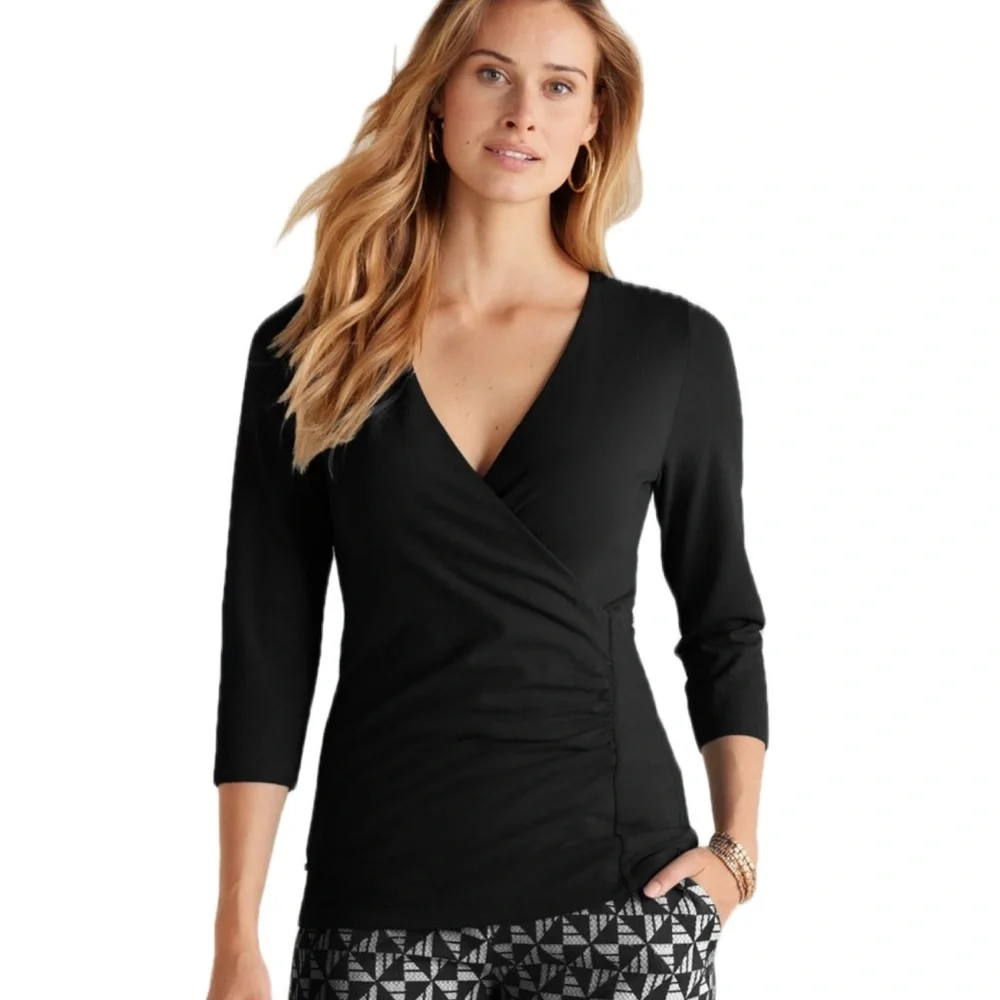 Soft Surroundings Faux Wrap Front Top Pima Cotton Black Stretch V Neck - Picture 1 of 5